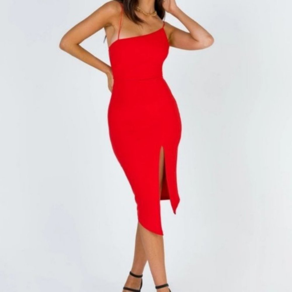 Princess Polly Red Aero Asymmetrical Bodycon High Slit Knit Midi Dress 4US